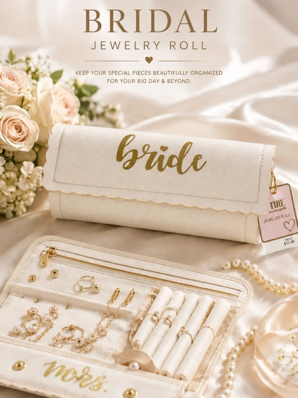 Bridal Jewelry Roll Organizer - Cream 